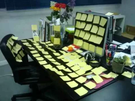 One of the 50 funny office dares listed here is to cover your co-worker&#039;s desk in sticky notes!